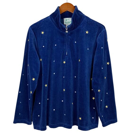 Quacker Factory Pullover Blue Velvet Velour Stars 1/4 Zip Top Women's L - Picture 1 of 6